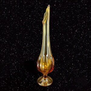 Viking Amber Stretch Swung 6 Petal Art Glass Vase Tall MCM Vintage 18"Tall 1.5"W